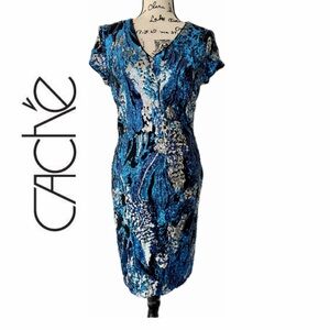 VTG CACHÉ Midi Dress Sequin Blue/Silver Zipped Closure Sz M Stunning Luxury